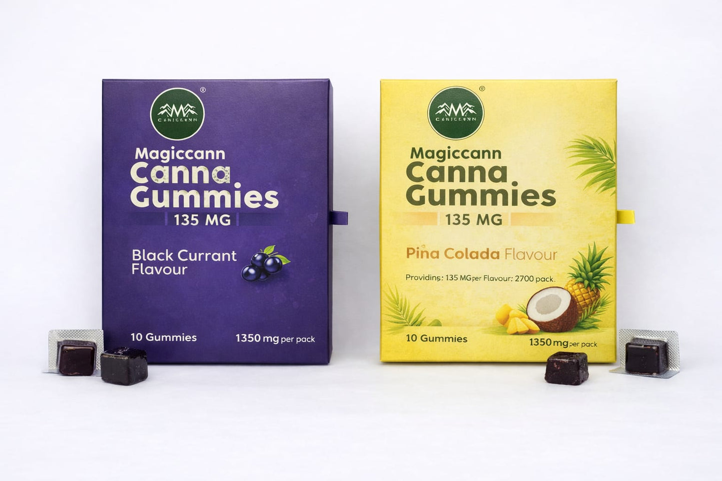Magiccann Canna Gummies - Extra Strong : 2700mg (135mg Each) CBD + THC Gummies Pack of 20 Pina colada + Black currant flavours