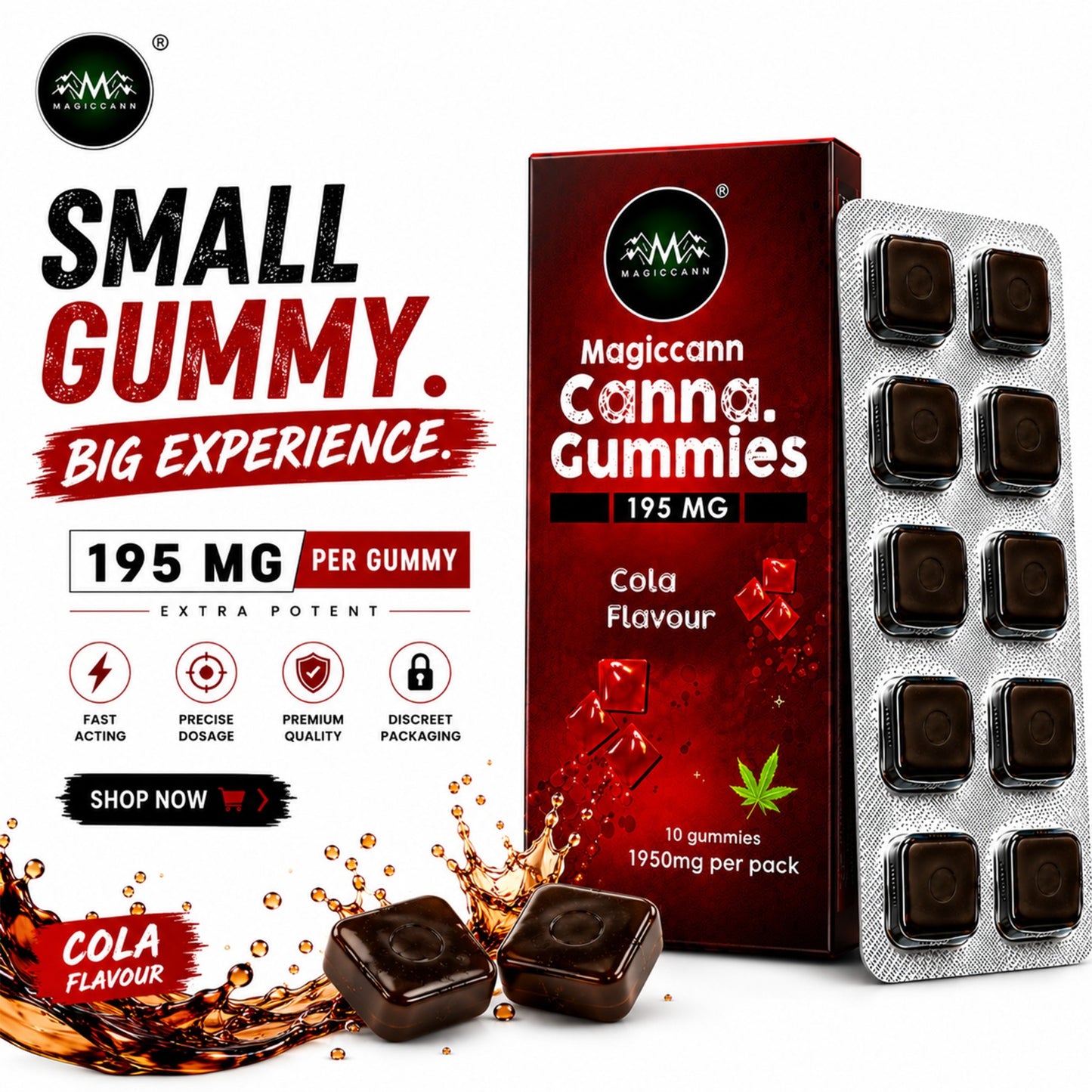 Magiccann Canna Gummies, Extra Strong : 5850Mg Cola flavour 7.25%, 195mg per gummy Pack of 30 gummies